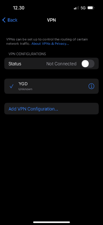 VPN screen showing Add VPN Configuration button
