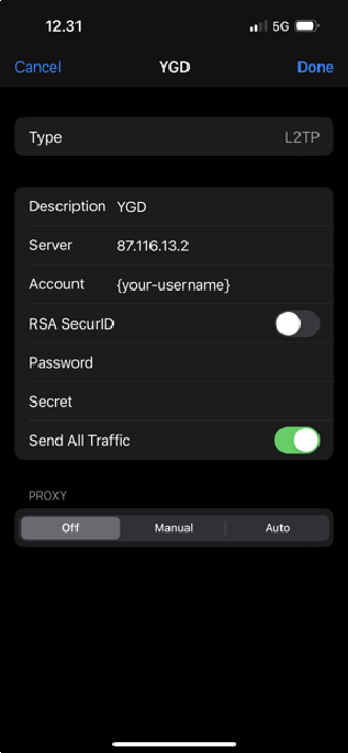Filled VPN configuration form