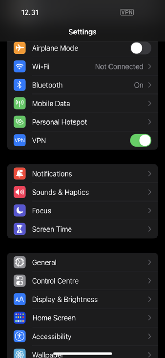 Settings home screen with VPN toggle enabled