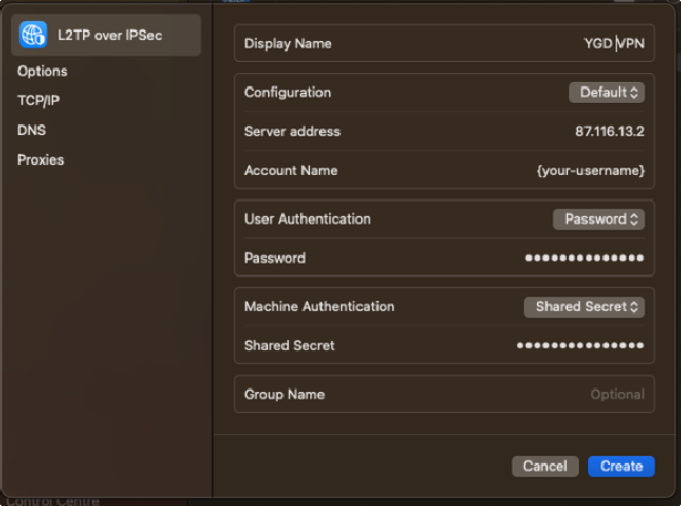 Filled L2TP over IPSec configuration form