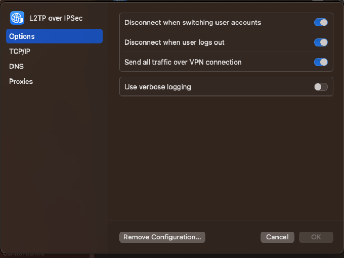 Options panel showing Send all traffic toggle enabled