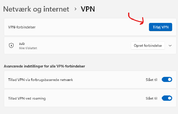 Windows Network & Internet VPN settings panel