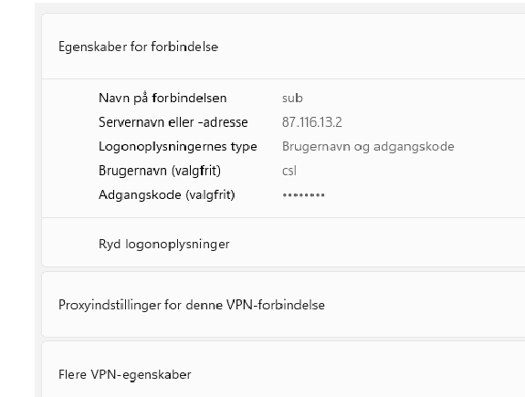Connection properties panel with Flere VPN-egenskaber highlighted